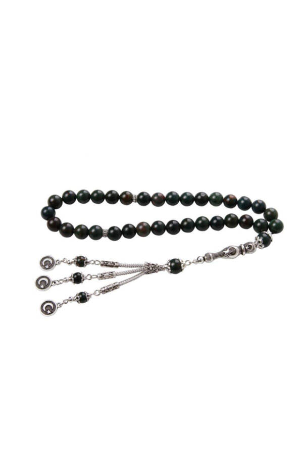 Certified Bloodstone Crescent Moon and Star Tassel Natural Stone Tasbih - 1