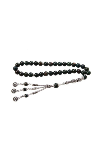 Certified Bloodstone Crescent Moon and Star Tassel Natural Stone Tasbih - SAFF DOĞAL TAŞ