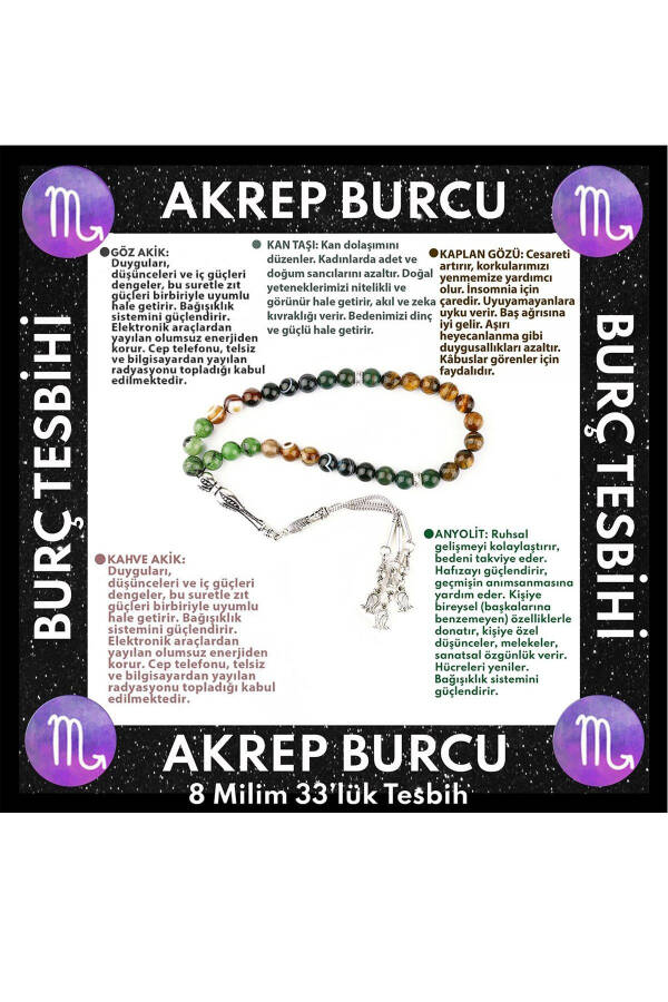 Certified Cancer Zodiac 33's Prayer Beads: Anyolite-Bloodstone-Tiger Eye-Evil Eye Agate-Coffee Agate - 2