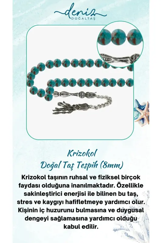 Certified Chrysocolla Natural Stone Rosary 8mm-tesbihrenk22 - 1