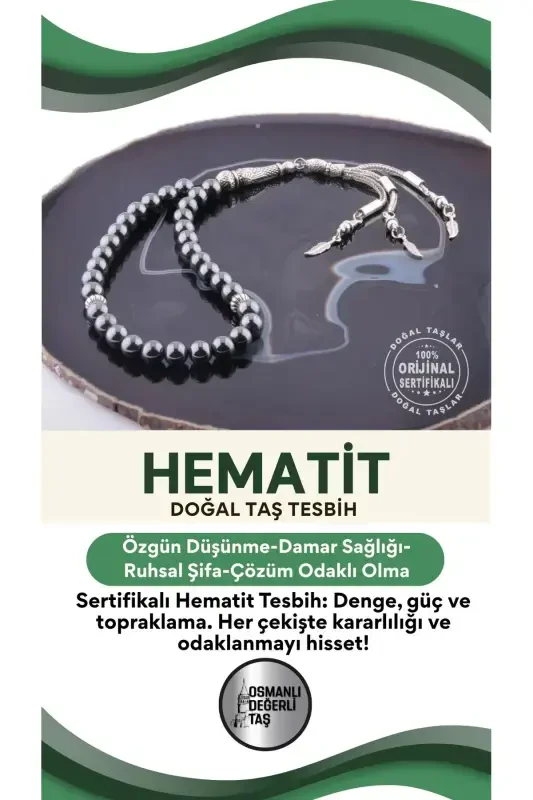 Certified Hematite Natural Stone Tasbih T186 - OSMANLI DEĞERLİ TAŞ
