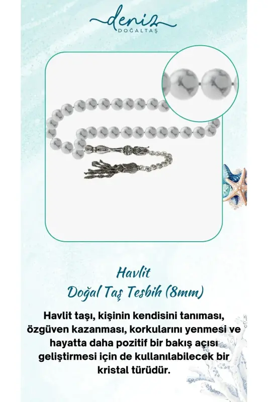 Certified Howlite Natural Stone Tasbih 8mm - DENIZ DOĞAL TAŞ