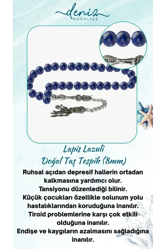 Certified Lapis Lazuli Natural Stone Rosary 8mm-tesbihrenk25 - 1