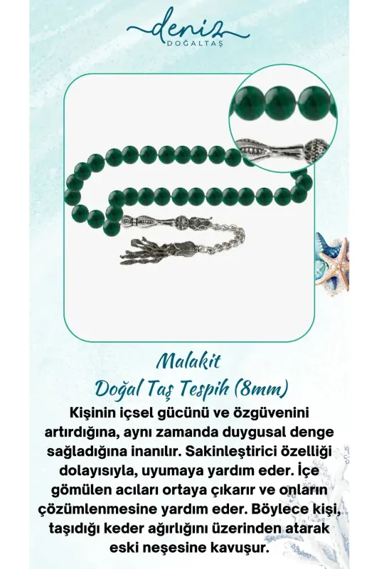 Certified Malachite Natural Stone Rosary 8mm-tesbihrenk26 - DENIZ DOĞAL TAŞ