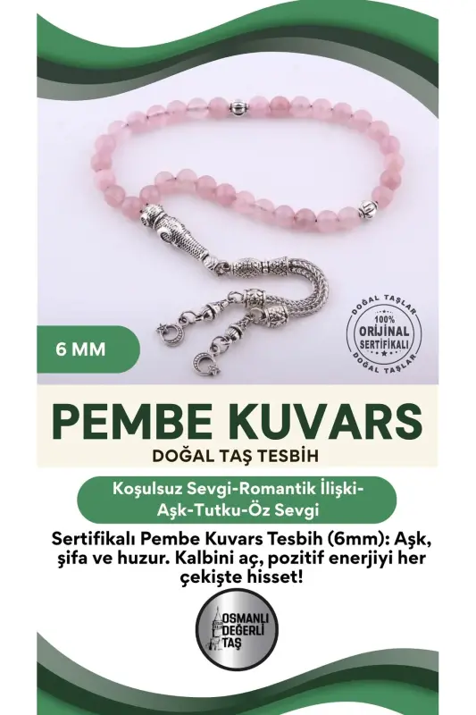 Certified Pink Quartz Natural Stone Tasbih 6 Mm, T209 - OSMANLI DEĞERLİ TAŞ