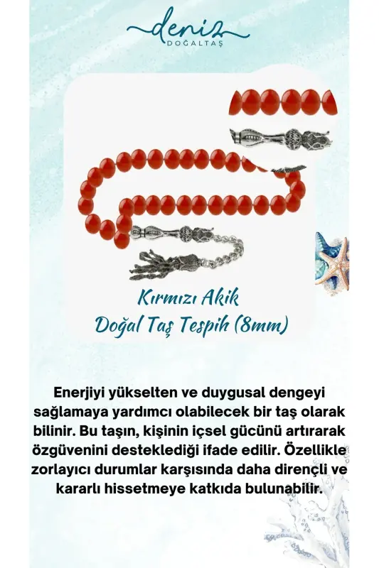Certified Red Agate Natural Stone Rosary 8mm-tesbihrenk19 - DENIZ DOĞAL TAŞ