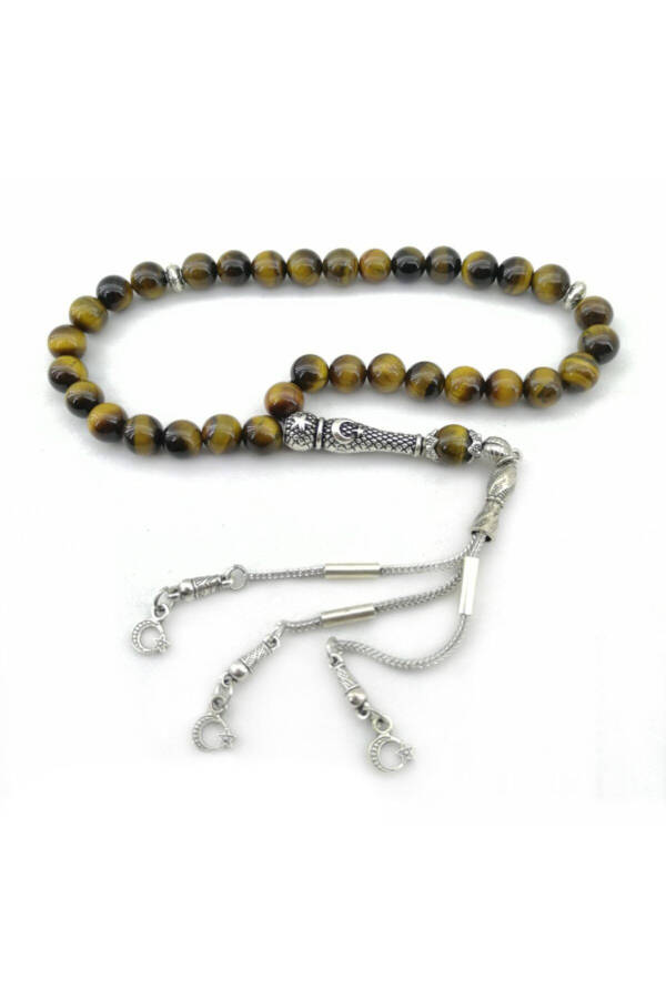 Certified Tiger's Eye Natural Stone Prayer Beads, Metal Fittings, 8 mm - 1