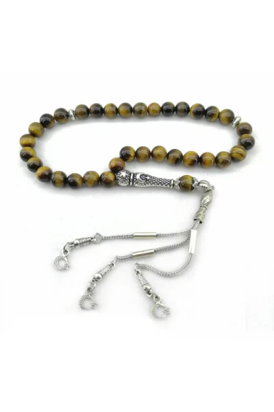 Certified Tiger's Eye Natural Stone Prayer Beads, Metal Fittings, 8 mm - OSMANLI DOĞAL TAŞ