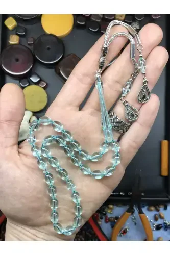 Четки в подарок другу, четки в подарок любимому человеку, янтарные четки с деревянной коробкой - светло-бирюзовый3 - KANUNİ TESBİH (1)