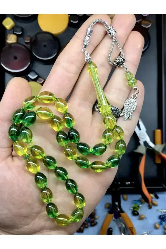 Четки в подарок другу, четки в подарок любимому человеку, зеленые черные переливающиеся янтарные четки в деревянной коробке-зеленый черный1 - KANUNİ TESBİH