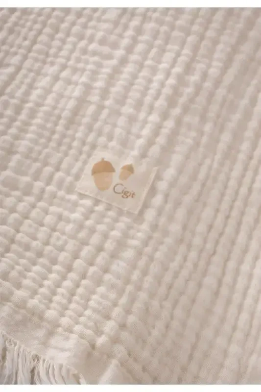 Четырехслойное муслиновое одеяло с кисточками 80x120 см, натуральное - 3