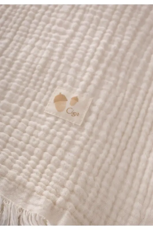 Четырехслойное муслиновое одеяло с кисточками 80x120 см, натуральное - 4