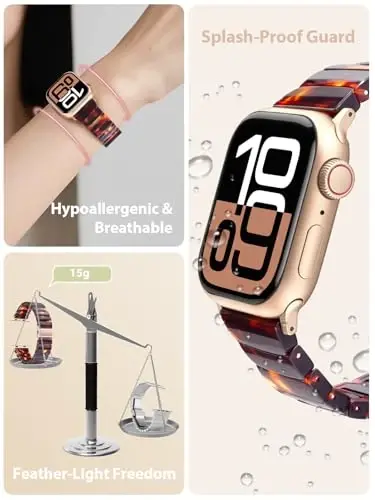 V.R.HOPE Apple Watch Band for Series 11/10/9/8/7/Ultra3 46mm 45mm 44mm 42mm 49mm Fashion Lightweight Resin Dressy Strap for Women Bracelet Compatible with iWatch Series 6/5/4/3/2/1/SE (Tortoiseshell) - 2