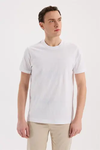 Beyaz Slim Fit Bisiklet Yaka Desenli %100 Pamuk T-Shirt - 2