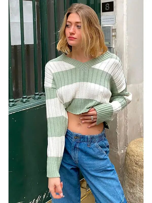 Yeşil V Yaka Çizgili Crop Kadın Kazak Mg1441-Yeşil - 1