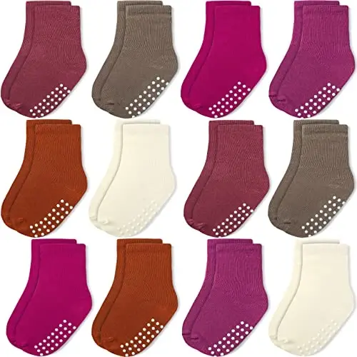 JAKIDAR 12 Pack Baby Toddler Socks Non Slip Grip Cotton Crew Socks for Boys Girls Infants Kids - 1