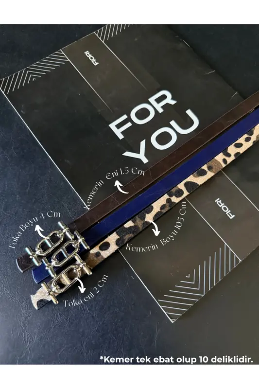 Gümüş Tokalı Ince Kadın Kemer, Pantolon Kemeri, Gömlek Kemeri, Ceket Kemeri - Leopar-Lacivert-Kahve-Silver - FIORI