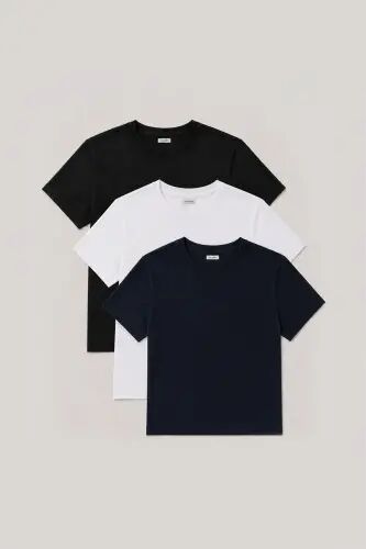 3'lü Paket Basic Slim Fit Siyah Beyaz Lacivert %100 Pamuk Bisiklet Yaka T-Shirt 