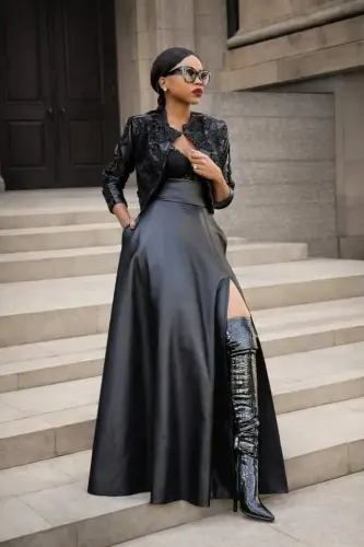 Kadın Yüksek Bel Uzun Yırtmaçlı Deri Etek - 1