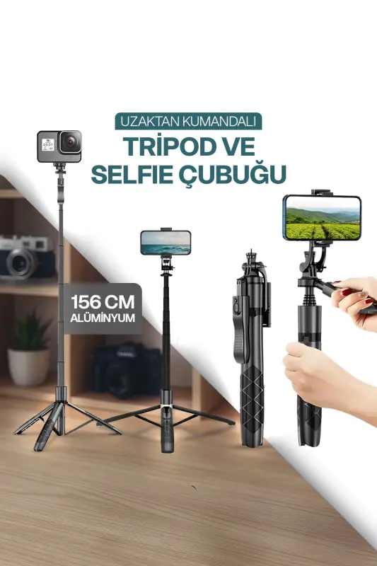 Uzaktan Kumandalı Uyumlu 156 Cm Alüminyum Tripod Ve Selfie Çubuğu Telefon, Kamera, Işık Ve - 16 - 1