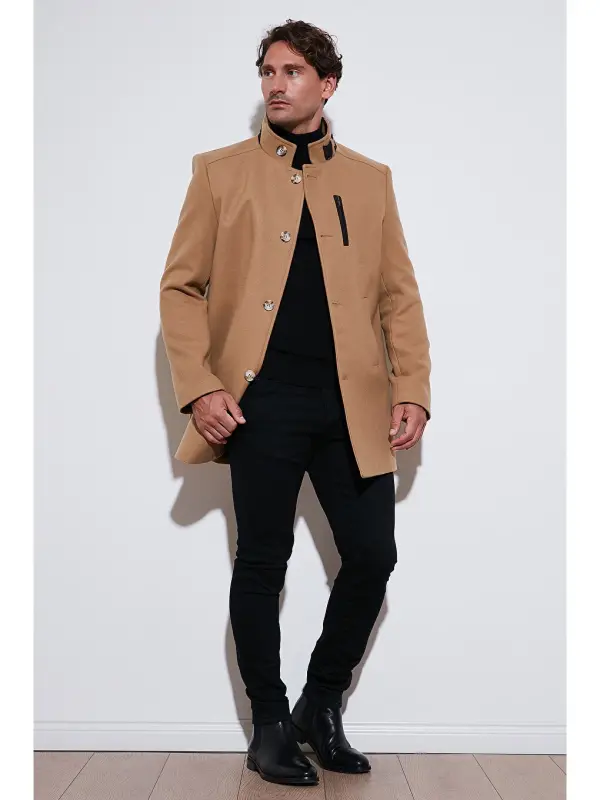 Kahverengi Slim Fit Düğmeli Dik Yaka Kaşe Erkek Kaban 5840099-Kahverengi - LC WAIKIKI