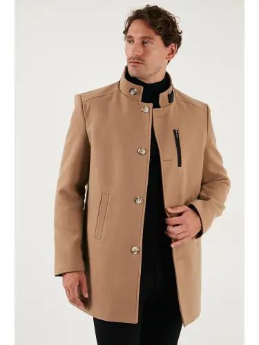 Kahverengi Slim Fit Düğmeli Dik Yaka Kaşe Erkek Kaban 5840099-Kahverengi - 3