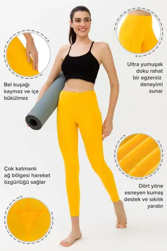 Kadın Sarı Yüksek Belli Çift Cepli Tayt - Sarı - 3