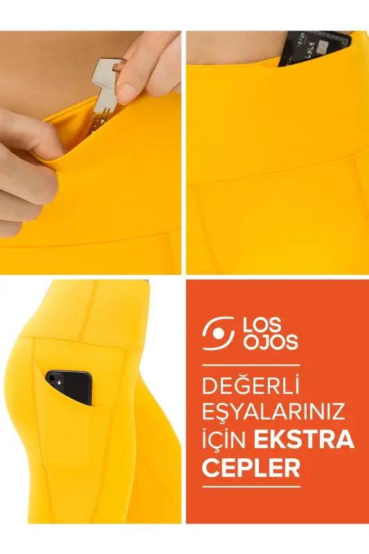Kadın Sarı Yüksek Belli Çift Cepli Tayt - Sarı - 4