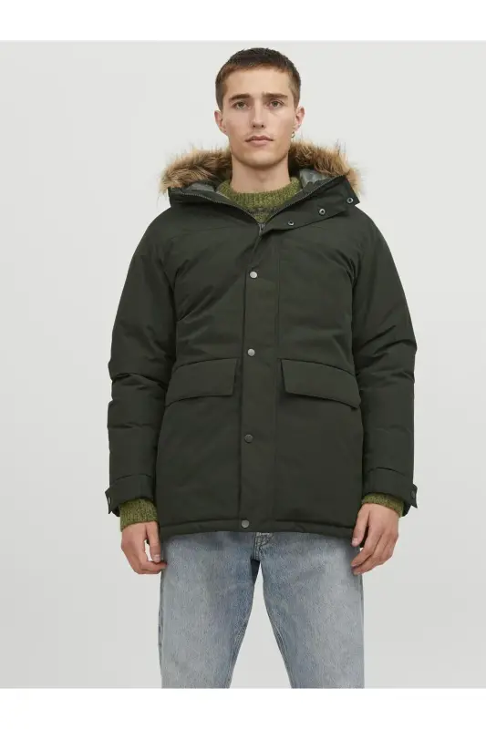 Erkek Kapüşonlu Uzun Mont Haki Parka 12236096 - Rosin - 1