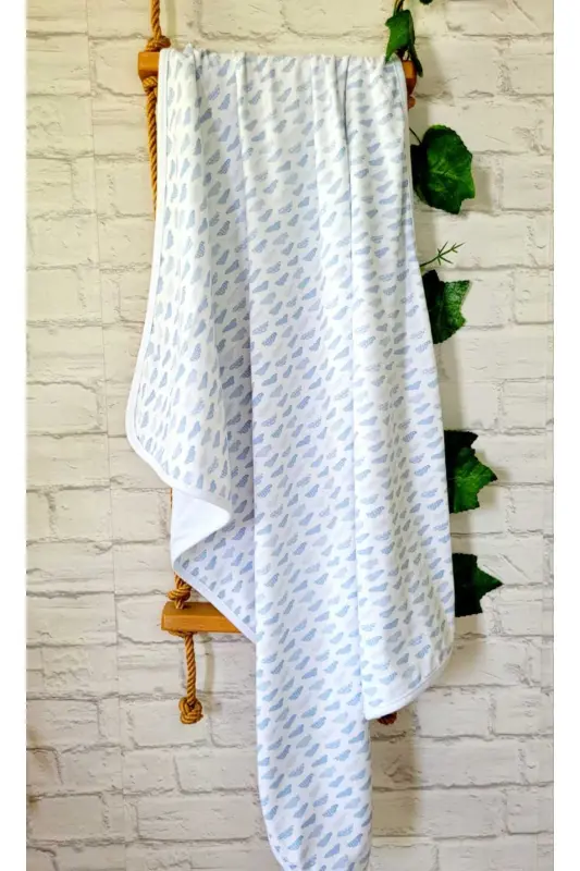 % 100 Pamuklu Çift Katlı Penye Kız-erkek Yenidoğan/bebek Kundak Battaniye 75x90cm/mavi Bulutlu - AÇIK MAVİ - 1
