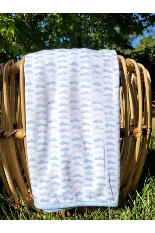 % 100 Pamuklu Çift Katlı Penye Kız-erkek Yenidoğan/bebek Kundak Battaniye 75x90cm/mavi Bulutlu - AÇIK MAVİ - 3
