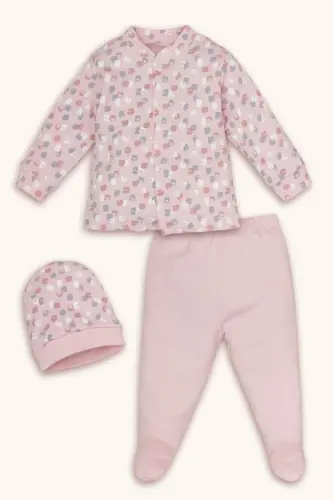 Desenli Şapkalı Çıtçıtlı Üst Ve Pantolon 3lü Takım - pembe - 1