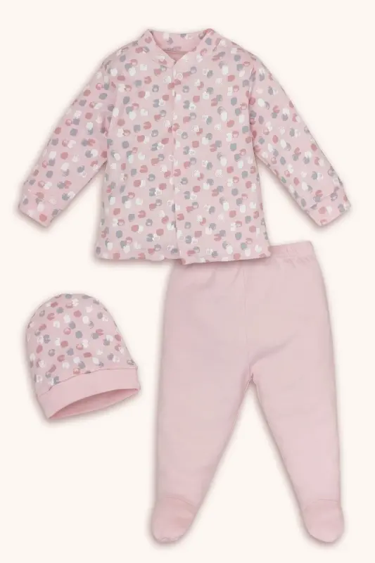 Desenli Şapkalı Çıtçıtlı Üst Ve Pantolon 3lü Takım - pembe - 1