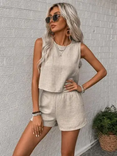 Kadın Kolsuz Bisiklet Yakalı Kısa Bluz Ve Short Ikili Takım - 3