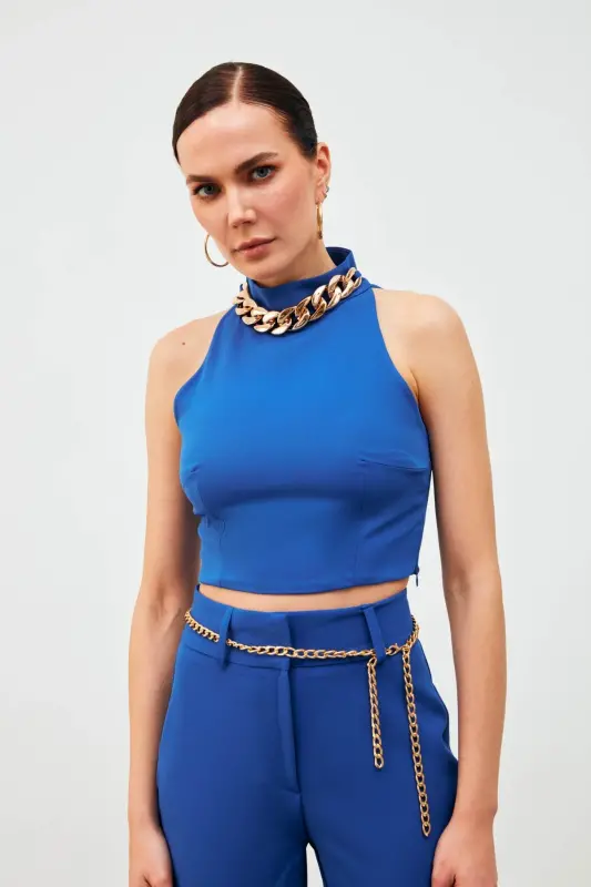 Zincir Aksesuarlı Crop Bluz - Sax Mavi - SAX MAVİ - 2