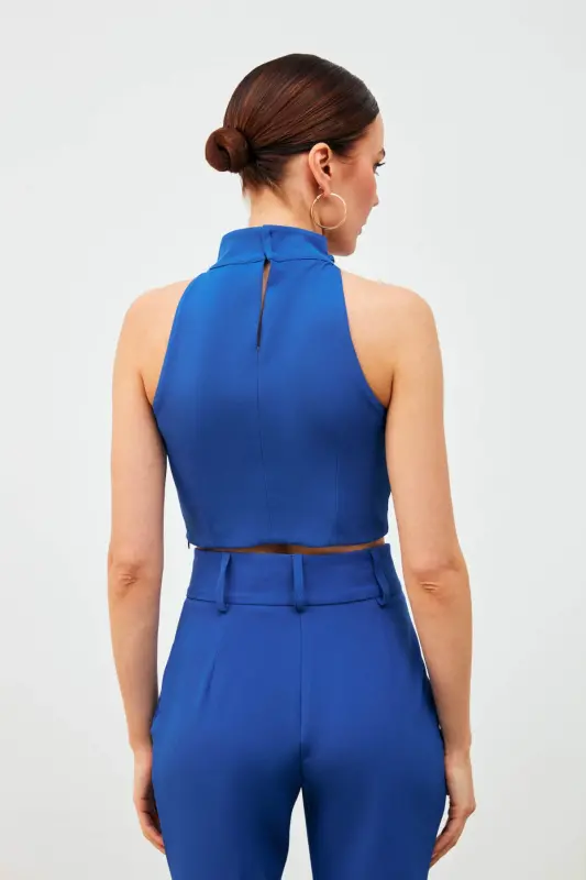 Zincir Aksesuarlı Crop Bluz - Sax Mavi - SAX MAVİ - 5