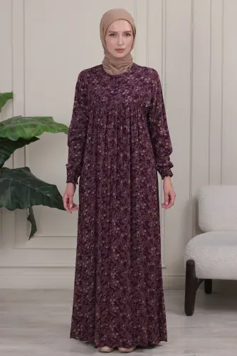 Büzgü Robadan Önü Düğmeli Viskon Kumaş Tessetür Giyim Anne Elbisesi Namaz Elbisesi - Bordo26 - 1