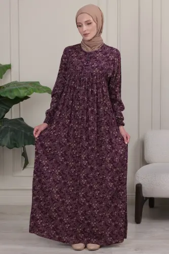 Büzgü Robadan Önü Düğmeli Viskon Kumaş Tessetür Giyim Anne Elbisesi Namaz Elbisesi - Bordo26 - FISTAN (1)