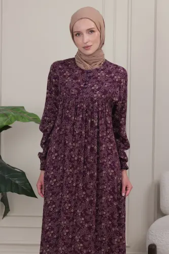 Büzgü Robadan Önü Düğmeli Viskon Kumaş Tessetür Giyim Anne Elbisesi Namaz Elbisesi - Bordo26 - 3