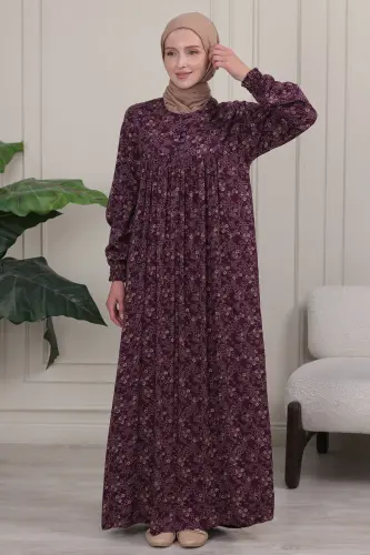 Büzgü Robadan Önü Düğmeli Viskon Kumaş Tessetür Giyim Anne Elbisesi Namaz Elbisesi - Bordo26 - 5