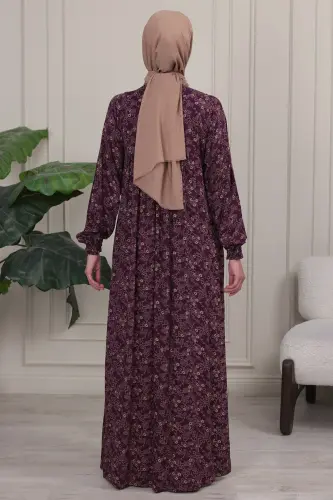 Büzgü Robadan Önü Düğmeli Viskon Kumaş Tessetür Giyim Anne Elbisesi Namaz Elbisesi - Bordo26 - 7