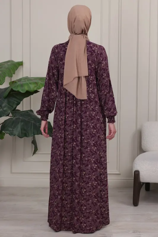 Büzgü Robadan Önü Düğmeli Viskon Kumaş Tessetür Giyim Anne Elbisesi Namaz Elbisesi - Bordo26 - 7