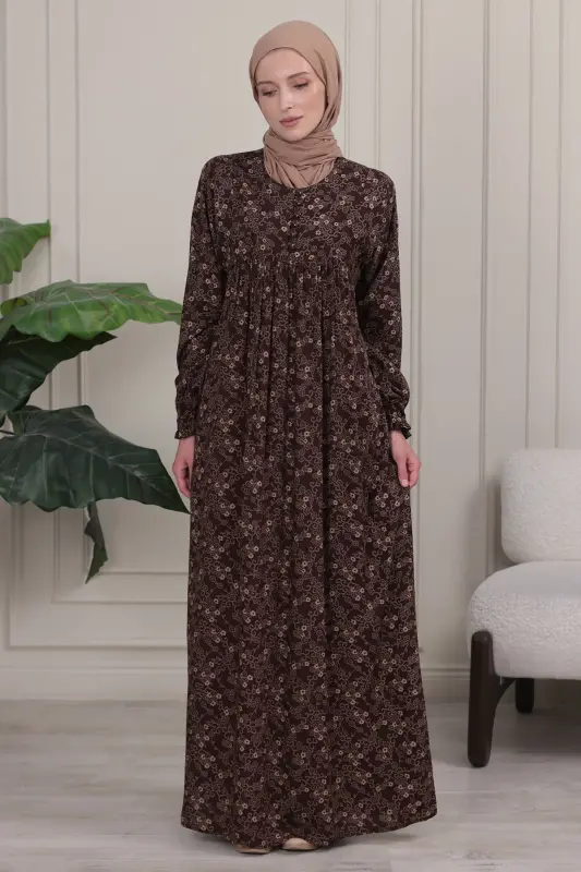 Büzgü Robadan Önü Düğmeli Viskon Kumaş Tessetür Giyim Anne Elbisesi Namaz Elbisesi - Kahverengi26 - 2