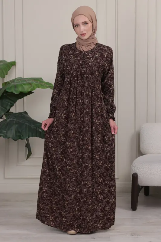 Büzgü Robadan Önü Düğmeli Viskon Kumaş Tessetür Giyim Anne Elbisesi Namaz Elbisesi - Kahverengi26 - 3