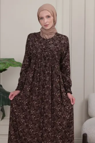 Büzgü Robadan Önü Düğmeli Viskon Kumaş Tessetür Giyim Anne Elbisesi Namaz Elbisesi - Kahverengi26 - 5