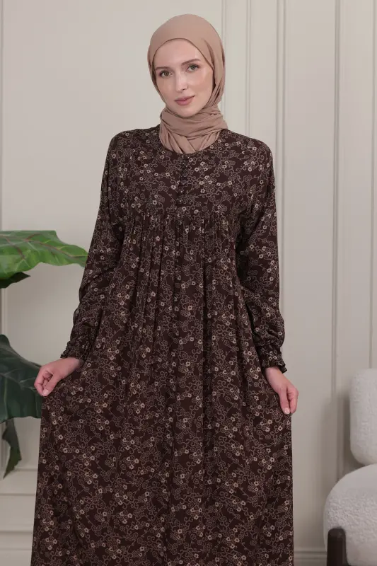 Büzgü Robadan Önü Düğmeli Viskon Kumaş Tessetür Giyim Anne Elbisesi Namaz Elbisesi - Kahverengi26 - 5