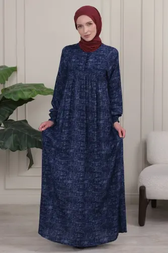 Büzgü Robadan Önü Düğmeli Viskon Kumaş Tessetür Giyim Anne Elbisesi Namaz Elbisesi - Lacivert düz 