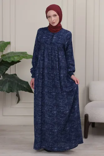 Büzgü Robadan Önü Düğmeli Viskon Kumaş Tessetür Giyim Anne Elbisesi Namaz Elbisesi - Lacivert düz - 3
