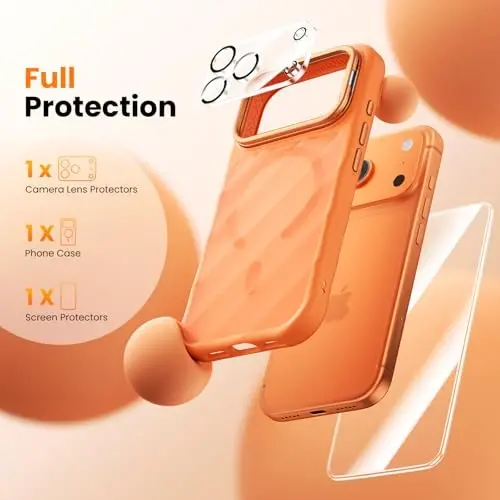 Чехол 3-в-1 для iPhone 17 Pro Max с подставкой для камеры [1 защитное стекло для экрана и 1 для объектива][Поддержка MagSafe][Противоударный и магнитный][Полупрозрачный матовый] Модный чехол для 17 Pro Max (Оранжевый) - 3