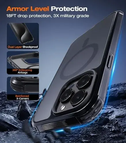 Чехол-бампер Tigowos для iPhone 15 Pro Max, совместим с MagSafe, защита от падения с высоты 15 футов, приятный на ощупь, прочный противоударный задний чехол для iPhone 15 Pro Max, 6,7 дюйма, черный - 2